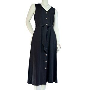 Kaffe Button Front Maxi Dress Black Linen Blend V-Neck Scandi Quiet Luxury M